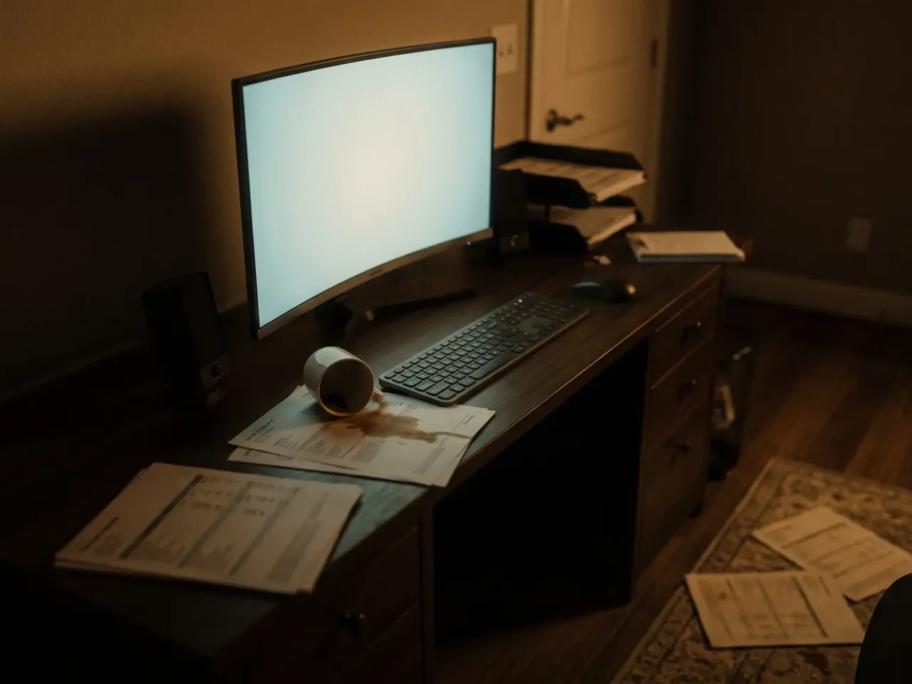 AI reconstruction of a dark trading desk at four in the morning, one monitor glowing
