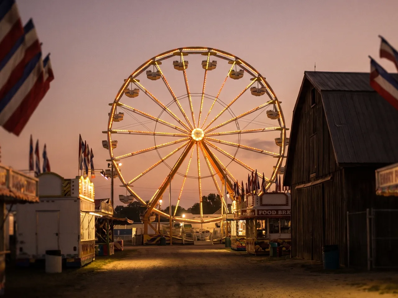 AI reconstruction of the Maryland State Fair midway at dusk