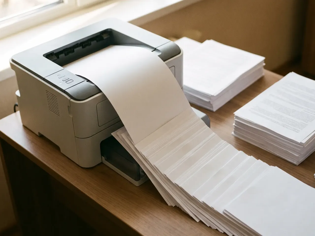 AI reconstruction of a printer mid-output, a long stack of freshly printed pages spilling across a desk