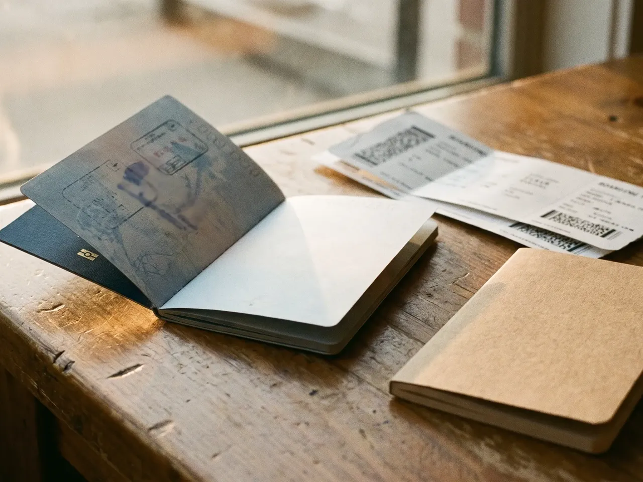 AI reconstruction of a well-worn passport open beside a brass compass
