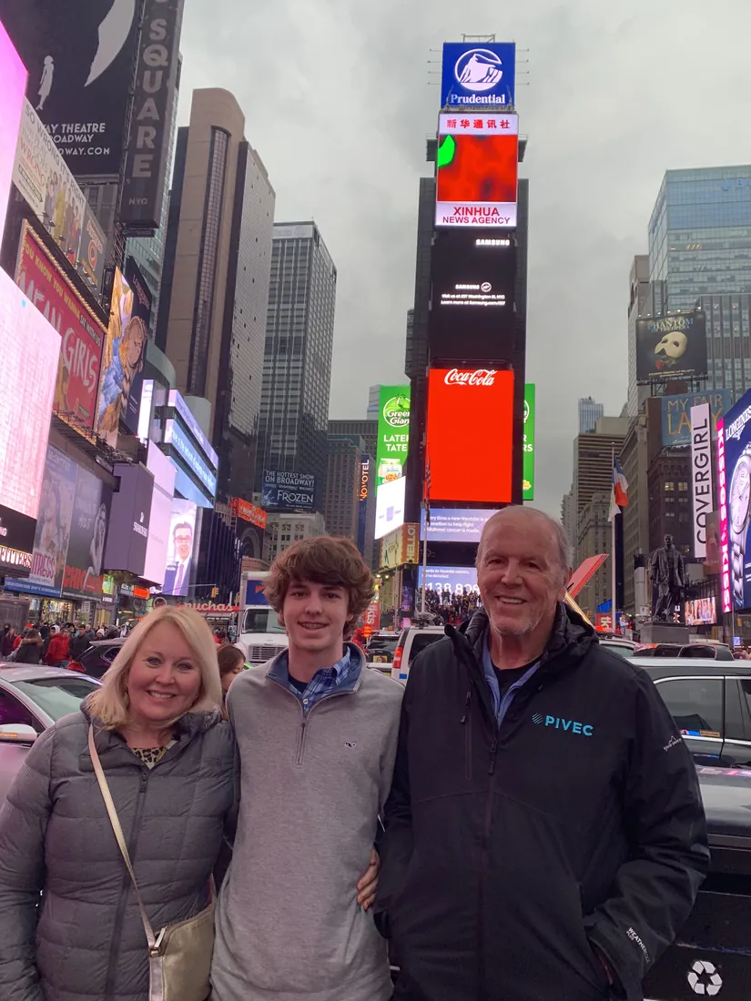Brock Pivec with his grandparents in Times Square