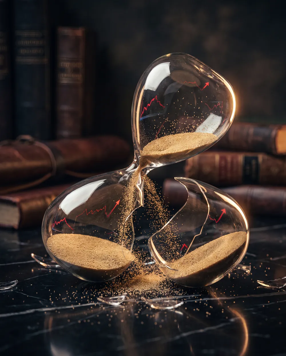 A shattered hourglass, sand spilling