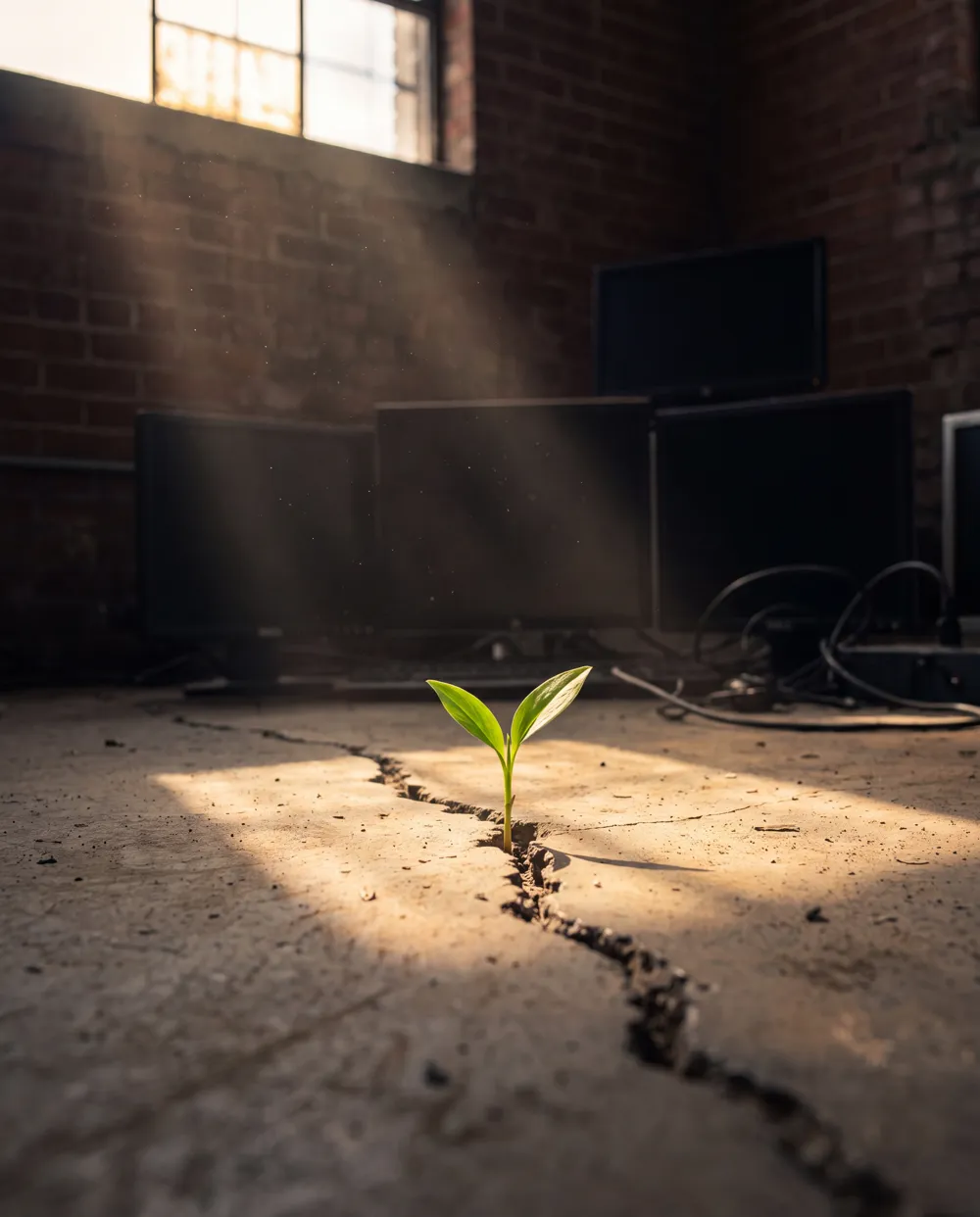 A seedling growing out of cracked concrete