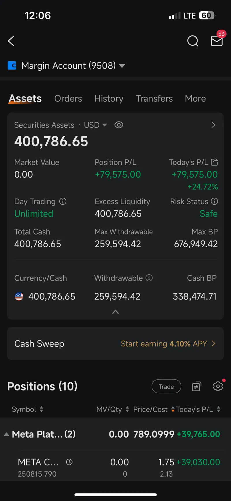 moomoo account at $400,786 with a +$79,575 day on screen
