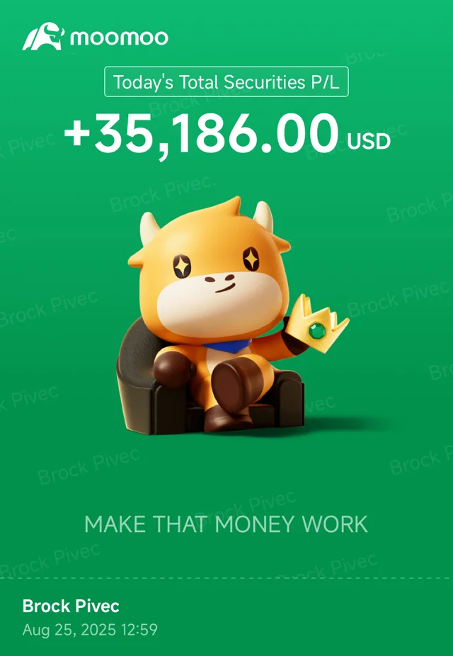 moomoo share card generated August 25, 2025 at 12:59 PM showing +$35,186 on the day
