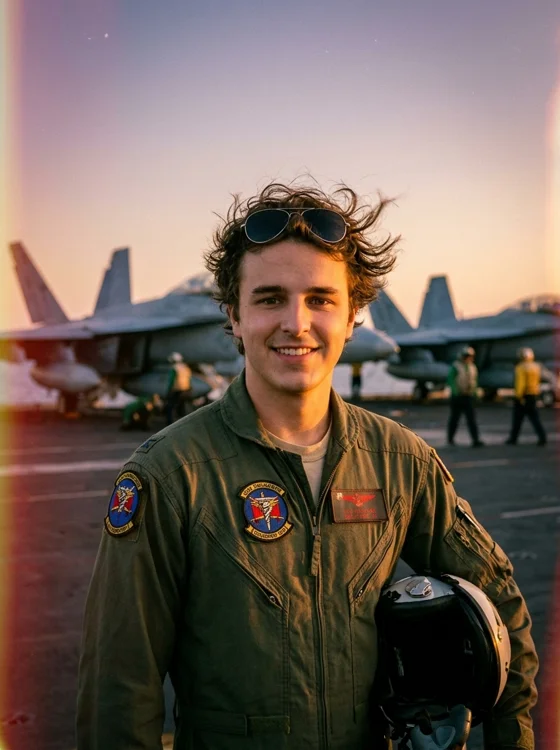 AI artist's rendering of Brock Pivec as a Navy pilot on a carrier deck, the timeline that didn't happen