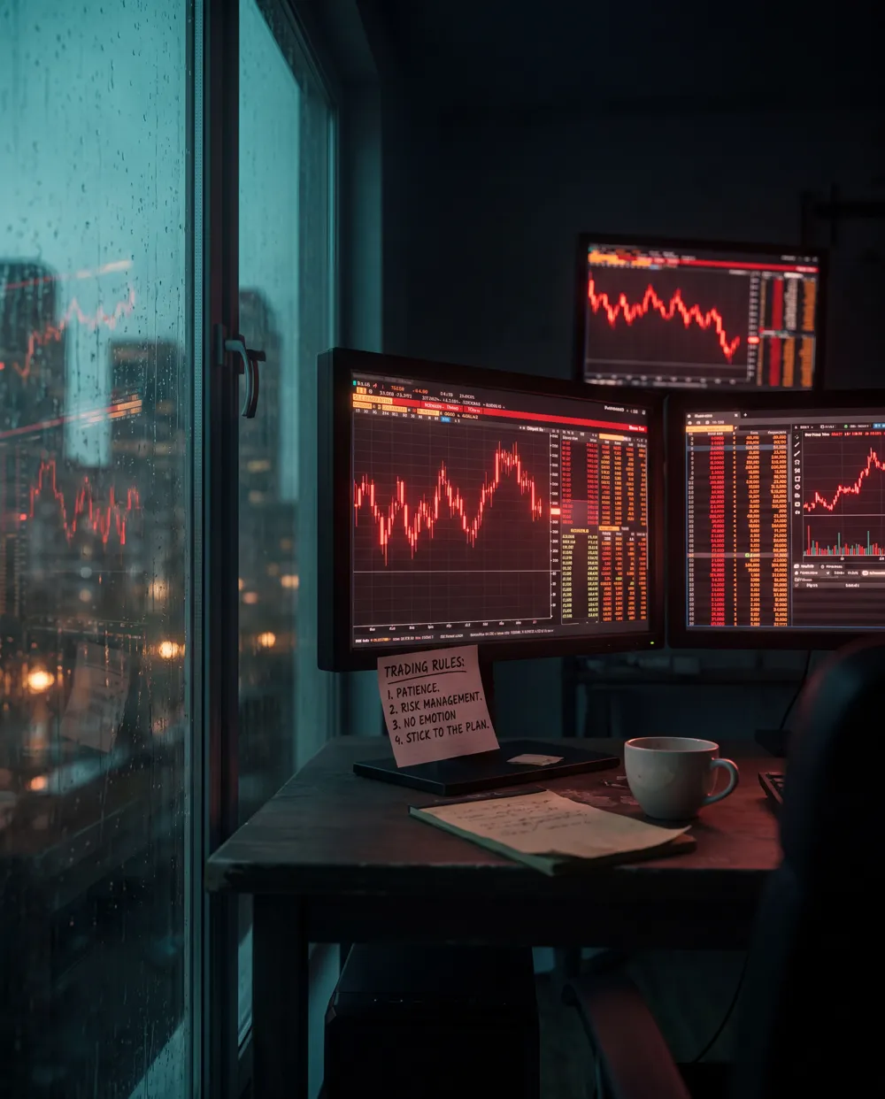 Pre-dawn trading desk lit by red charts