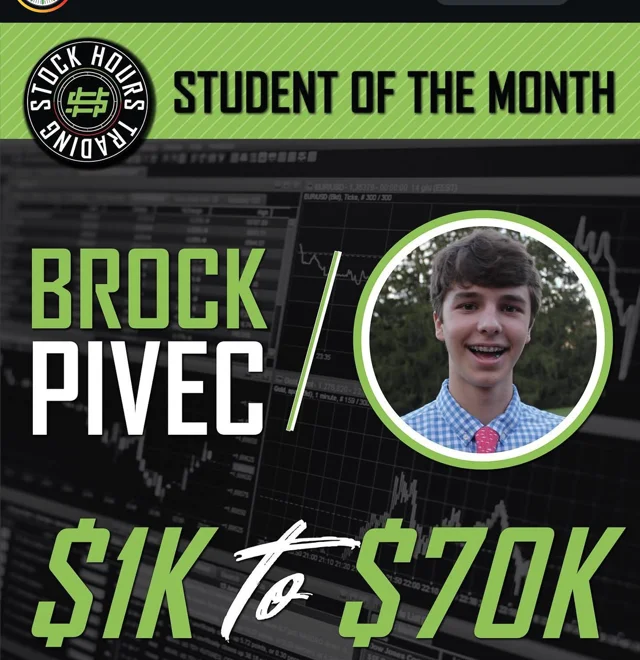 Stock Hours Student of the Month card from June 2020: Brock Pivec, $1K to $70K, age 17